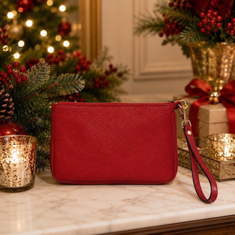 Red Wristlet Purse Mini Handbag Gold Tone Hardware Holiday Christmas Party Bag